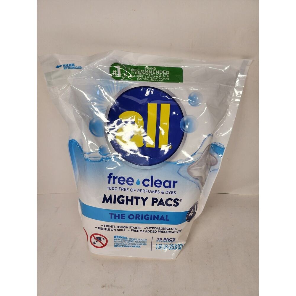 All Mighty Pacs Laundry Detergent Free Clear for Sensitive Skin, Pouch, 39 Count